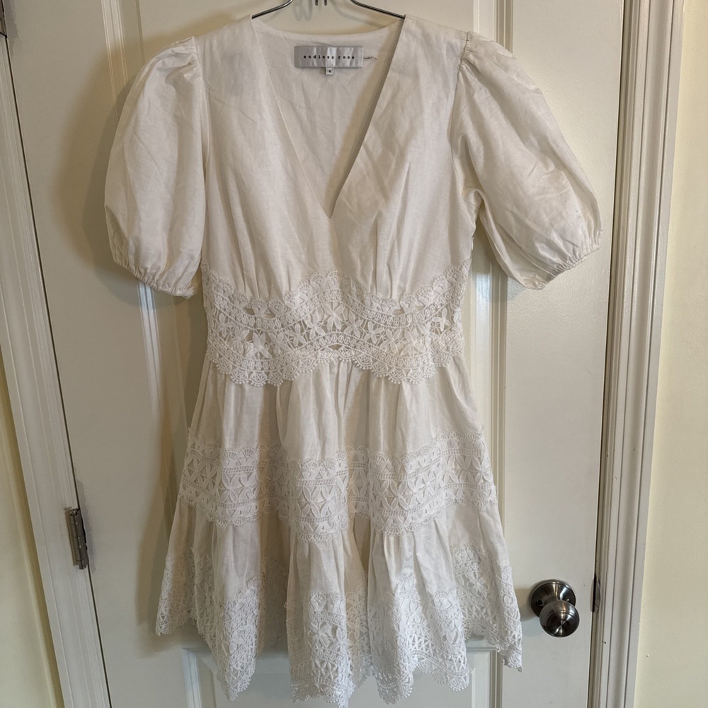 Endless Rose‎ Lace Trim Puff Sleeve Minidress White Sz S Coquette Cottage Core